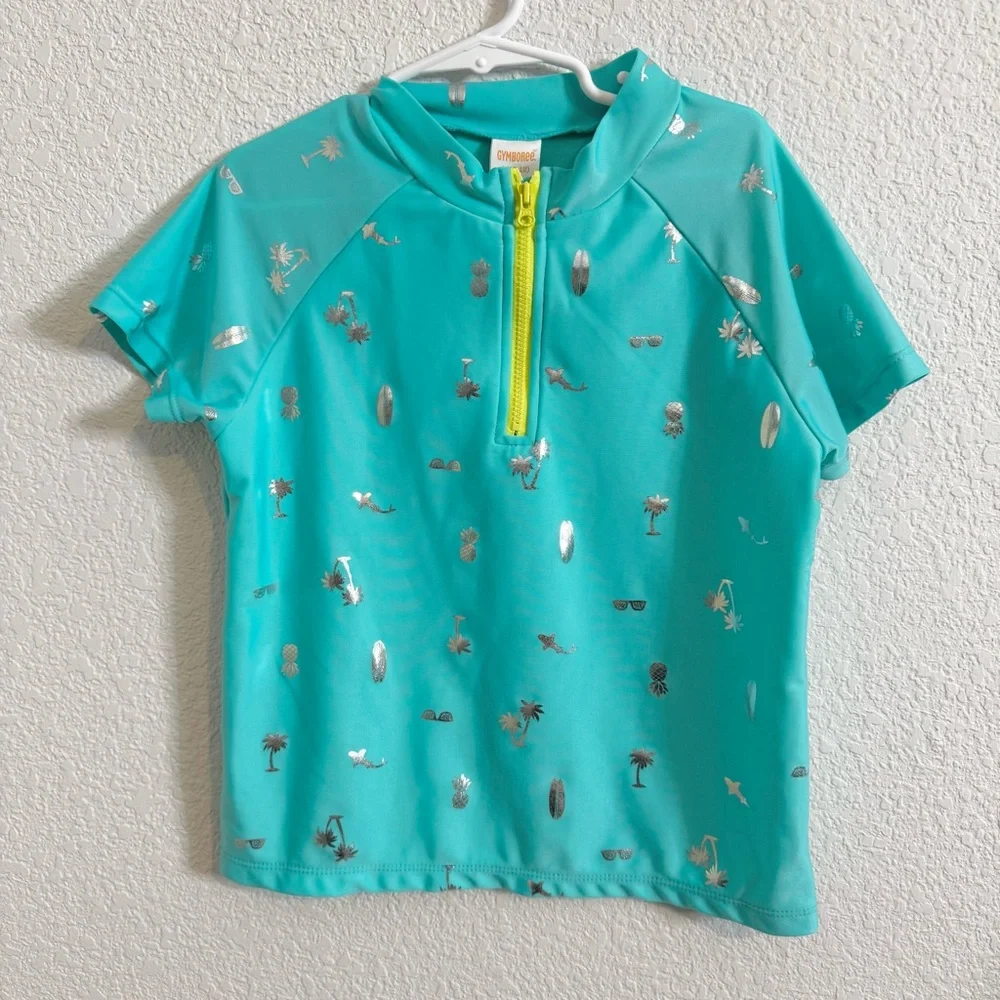 Gymboree Girls Kid Swim Top UPF 50+ UV Protection‎ Shirt Blue Silver L/10-12